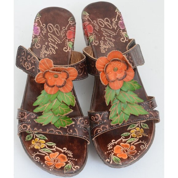 Corkys Hand Painted Floral Leather Slip-On Wedge Heel Sandal Boho Colorful Sz 10 - Picture 9 of 11